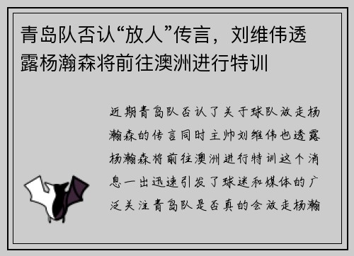 青岛队否认“放人”传言，刘维伟透露杨瀚森将前往澳洲进行特训