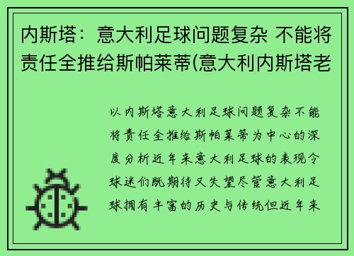 内斯塔：意大利足球问题复杂 不能将责任全推给斯帕莱蒂(意大利内斯塔老婆)