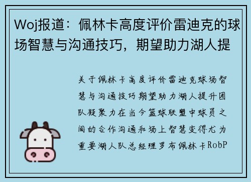 Woj报道：佩林卡高度评价雷迪克的球场智慧与沟通技巧，期望助力湖人提升团队凝聚力