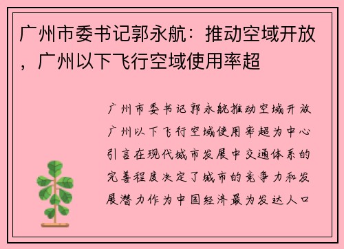 广州市委书记郭永航：推动空域开放，广州以下飞行空域使用率超