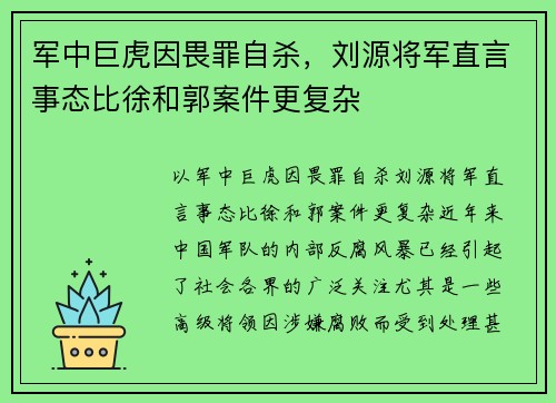 军中巨虎因畏罪自杀，刘源将军直言事态比徐和郭案件更复杂